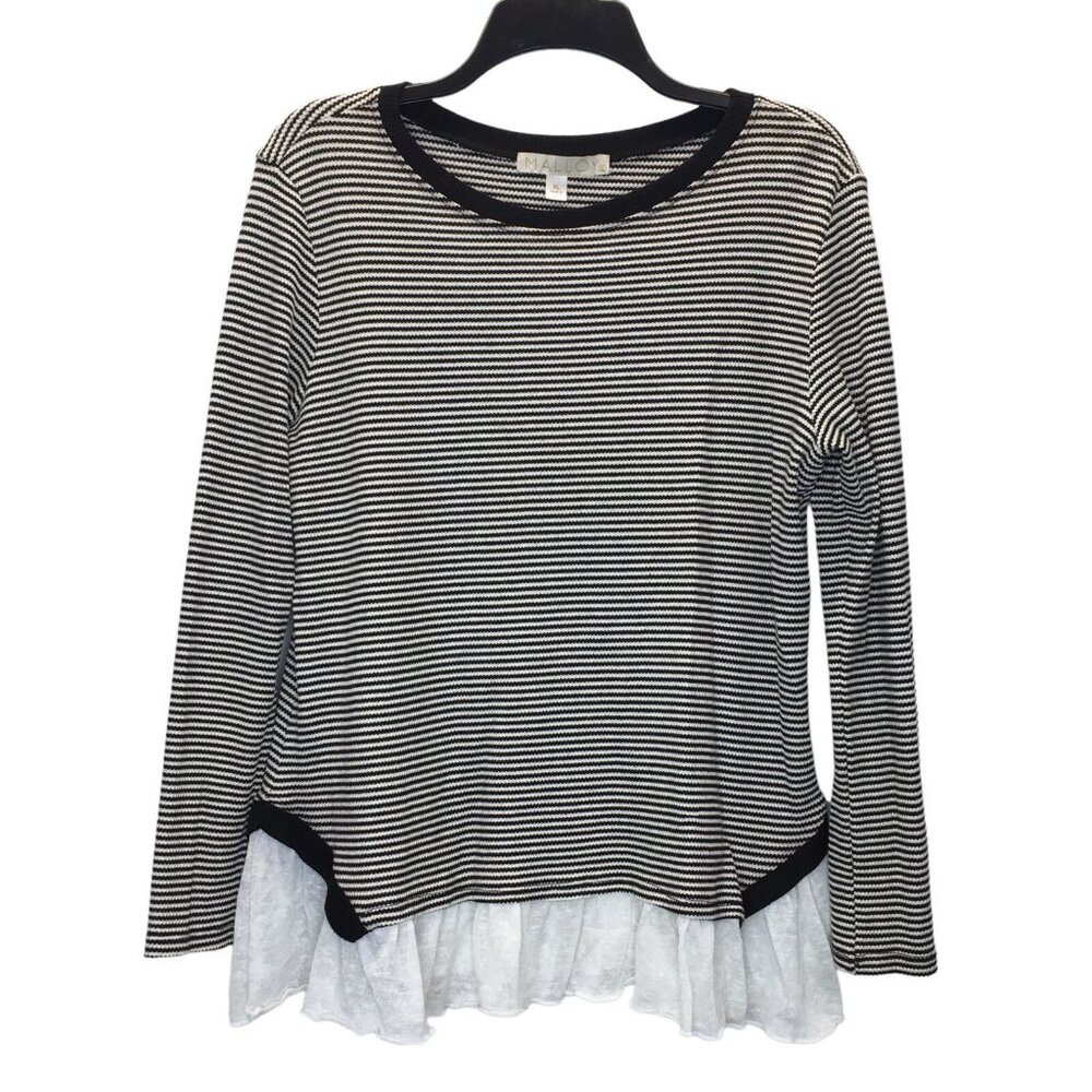 Coquette Feminine Top XL Stripe Pullover Black White Ruffle Hem Long Sleeve